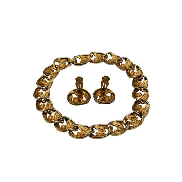 Chunky Gold Tone Set Necklace Earrings 1980s- 90s Vintage - Picture 6 of 7